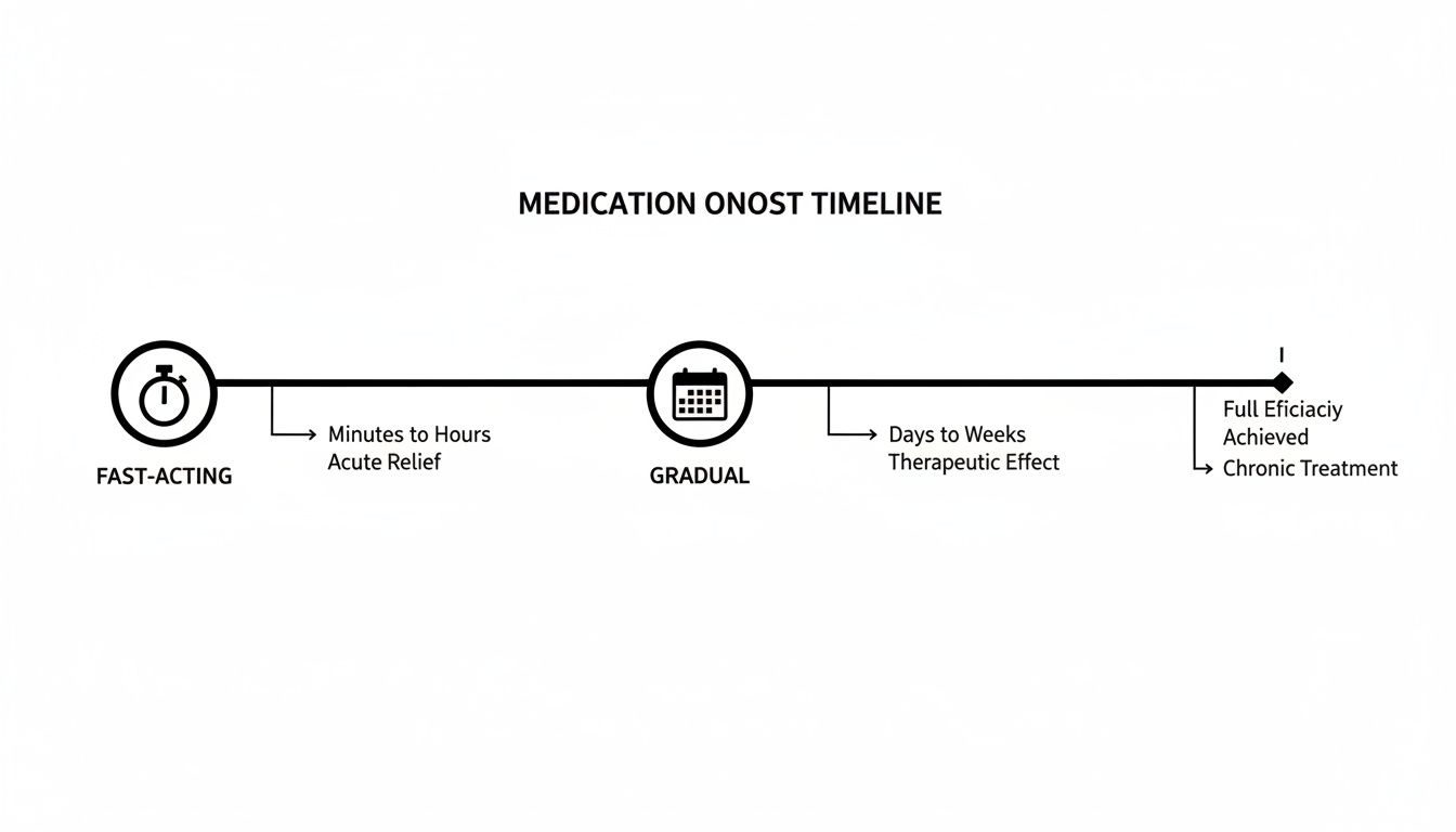 Medication onset timeline illustrating fast-acting relief in minutes to hours and gradual therapeutic effects over days to weeks.