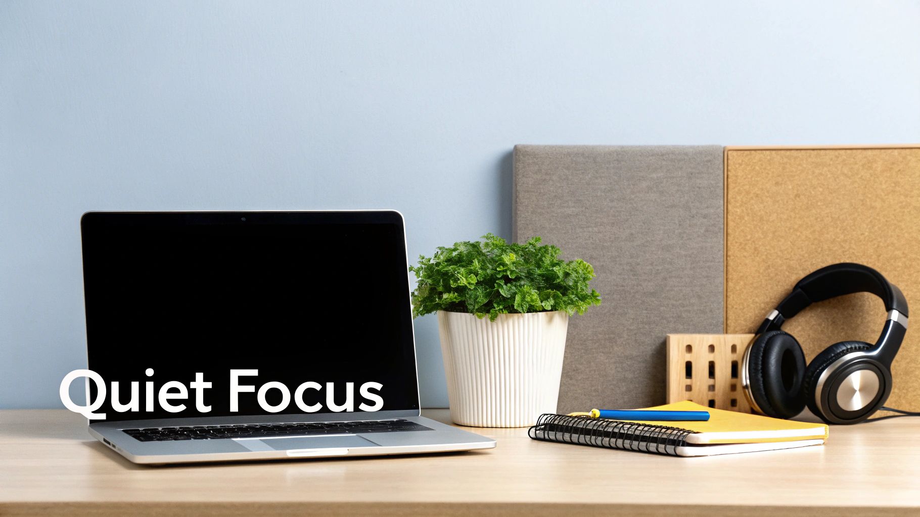 A minimalist desk setup with a laptop displaying 'Quiet Focus', a plant, headphones, and a notebook.