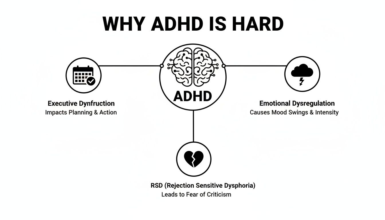 A diagram explaining why ADHD is hard, detailing executive dysfunction, emotional dysregulation, and rejection sensitive dysphoria.
