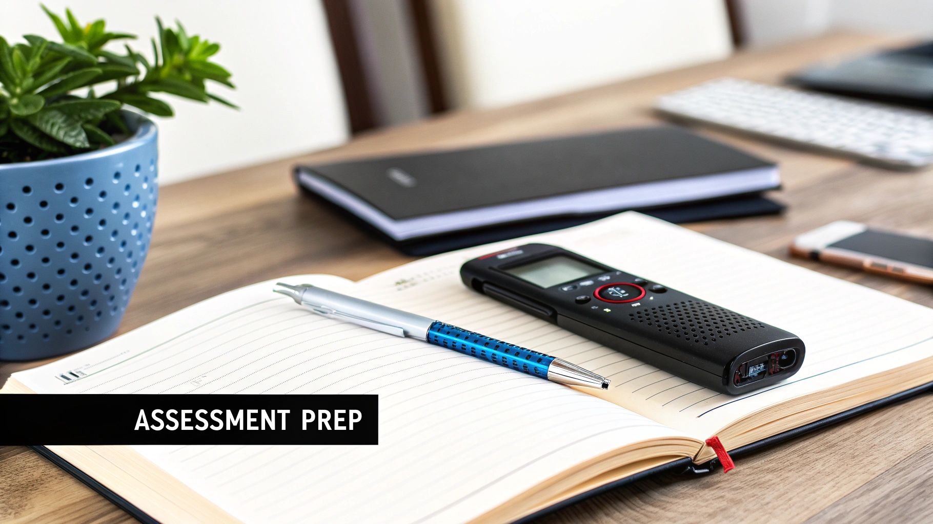A desk setup with a notebook, pen, and voice recorder, symbolizing assessment preparation.
