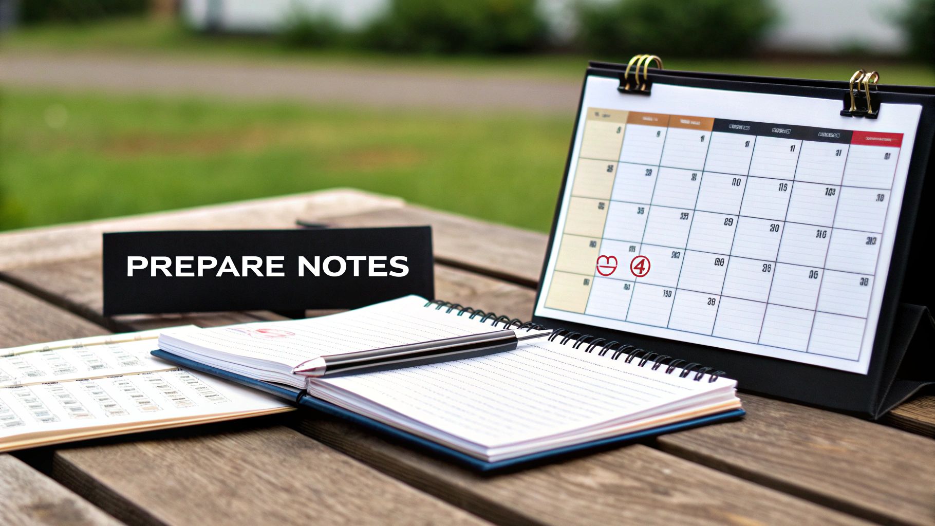 A black sign says 'Prepare Notes' next to an open notebook with a pen and a desk calendar.