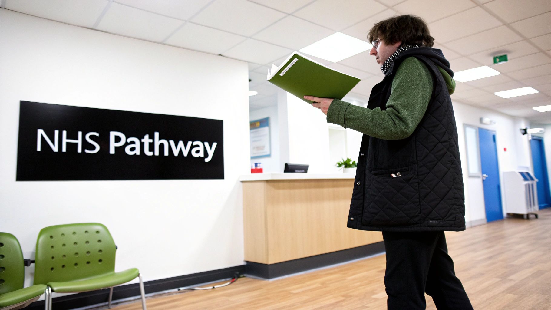A person holding a green folder walks past an NHS Pathway sign in a clinic waiting area.