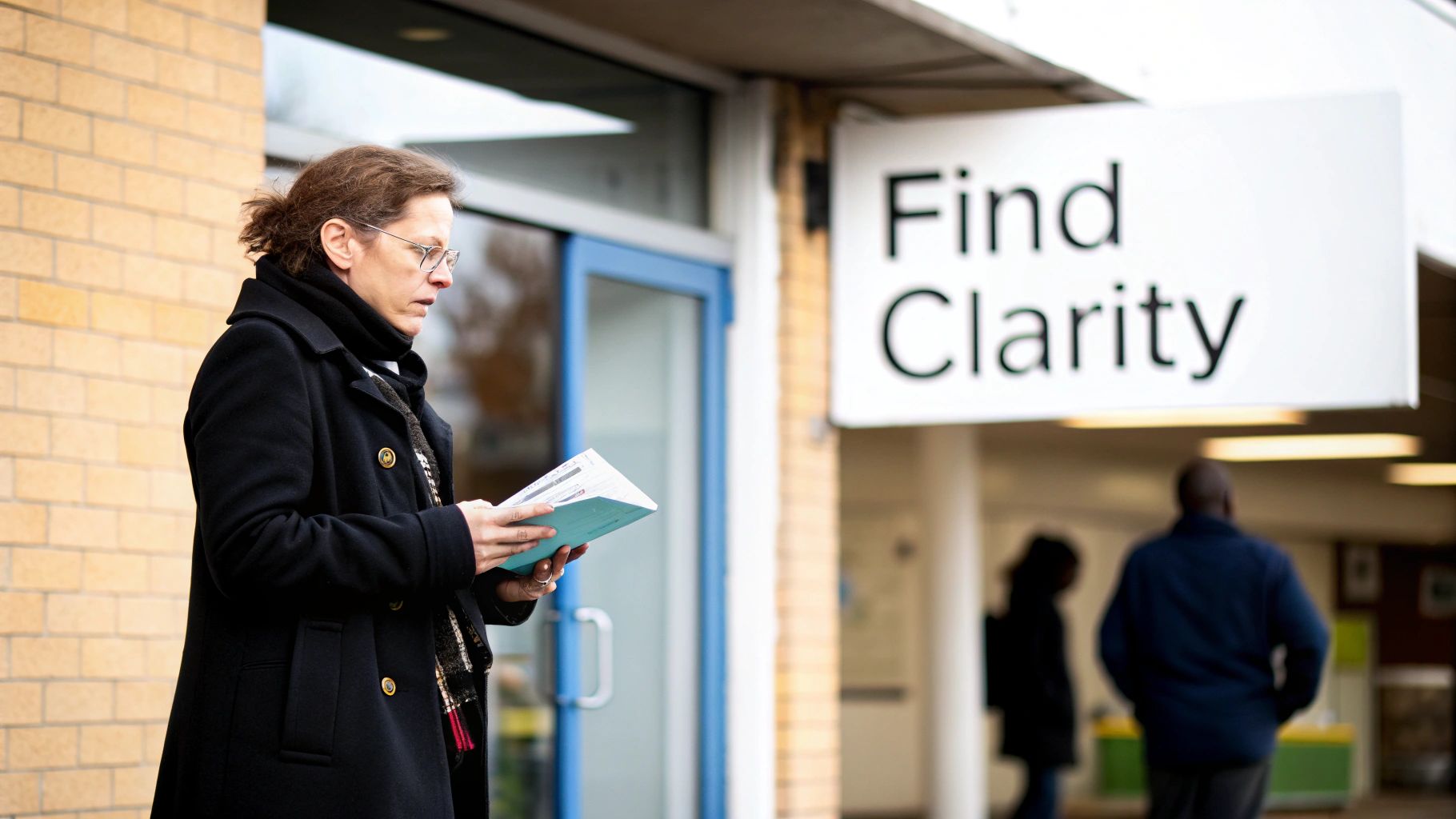 A woman in a black coat and glasses reads a pamphlet outside a building with a 'Find Clarity' sign.