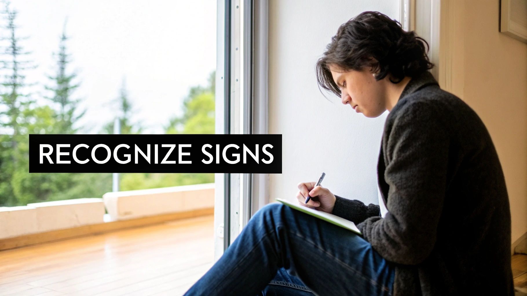 A young adult sits by a window, diligently writing in a notebook, with text "RECOGNIZE SIGNS" overlaid.
