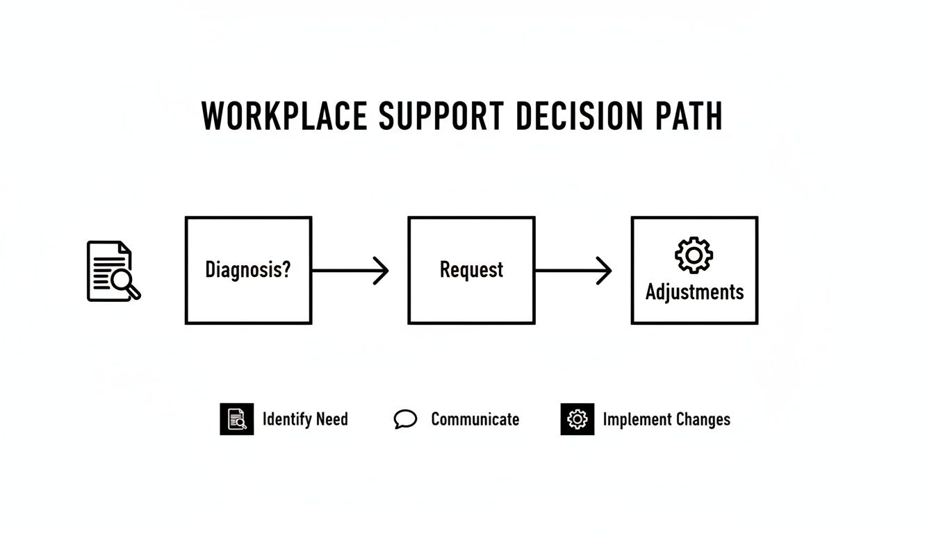 Flowchart showing workplace support decision path: Diagnosis, Request, Adjustments. Icons indicate Identify Need, Communicate, Implement Changes.