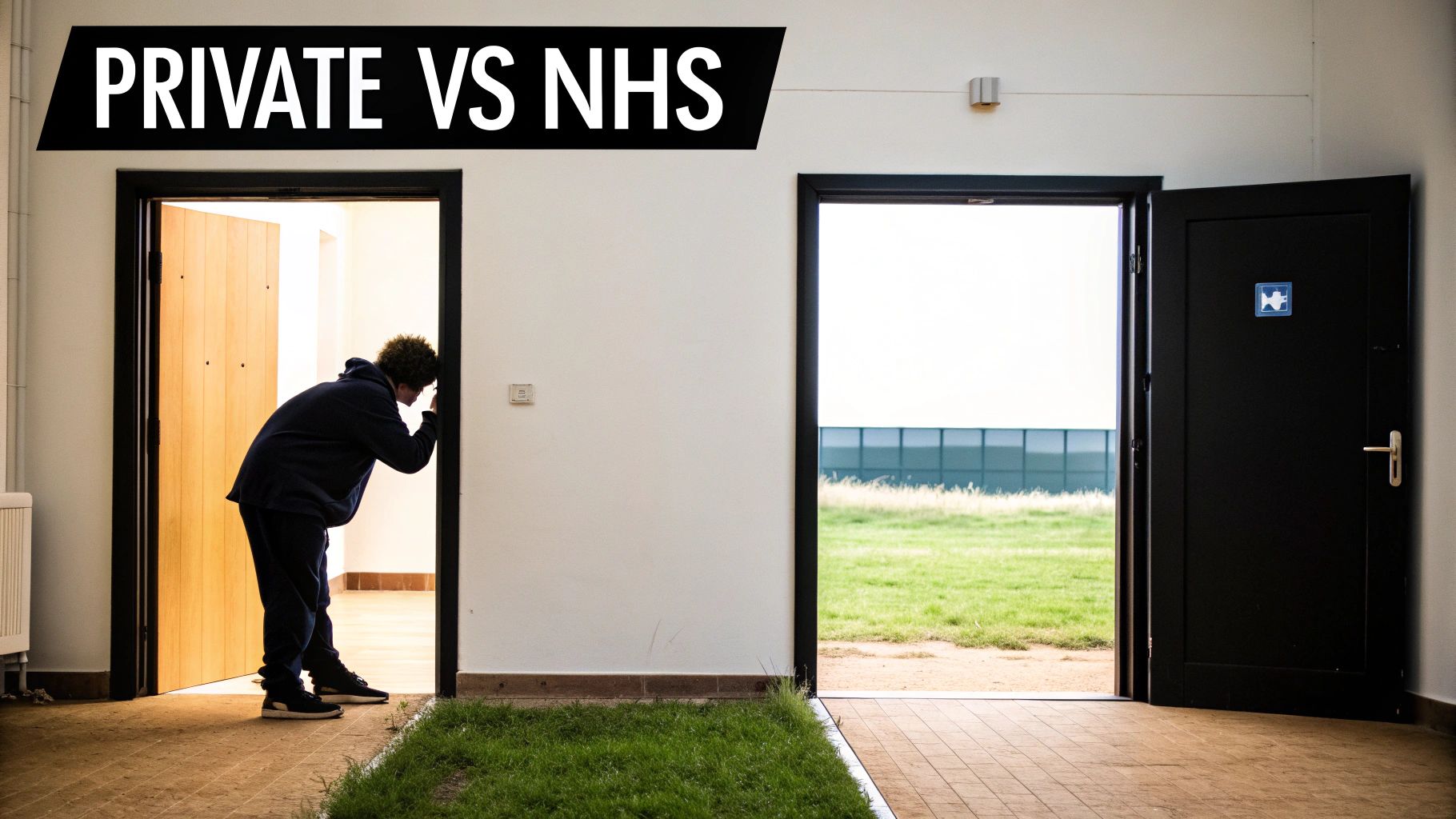 A person peeks into an open door labeled 'PRIVATE', contrasting with an 'NHS' door opening to a field.