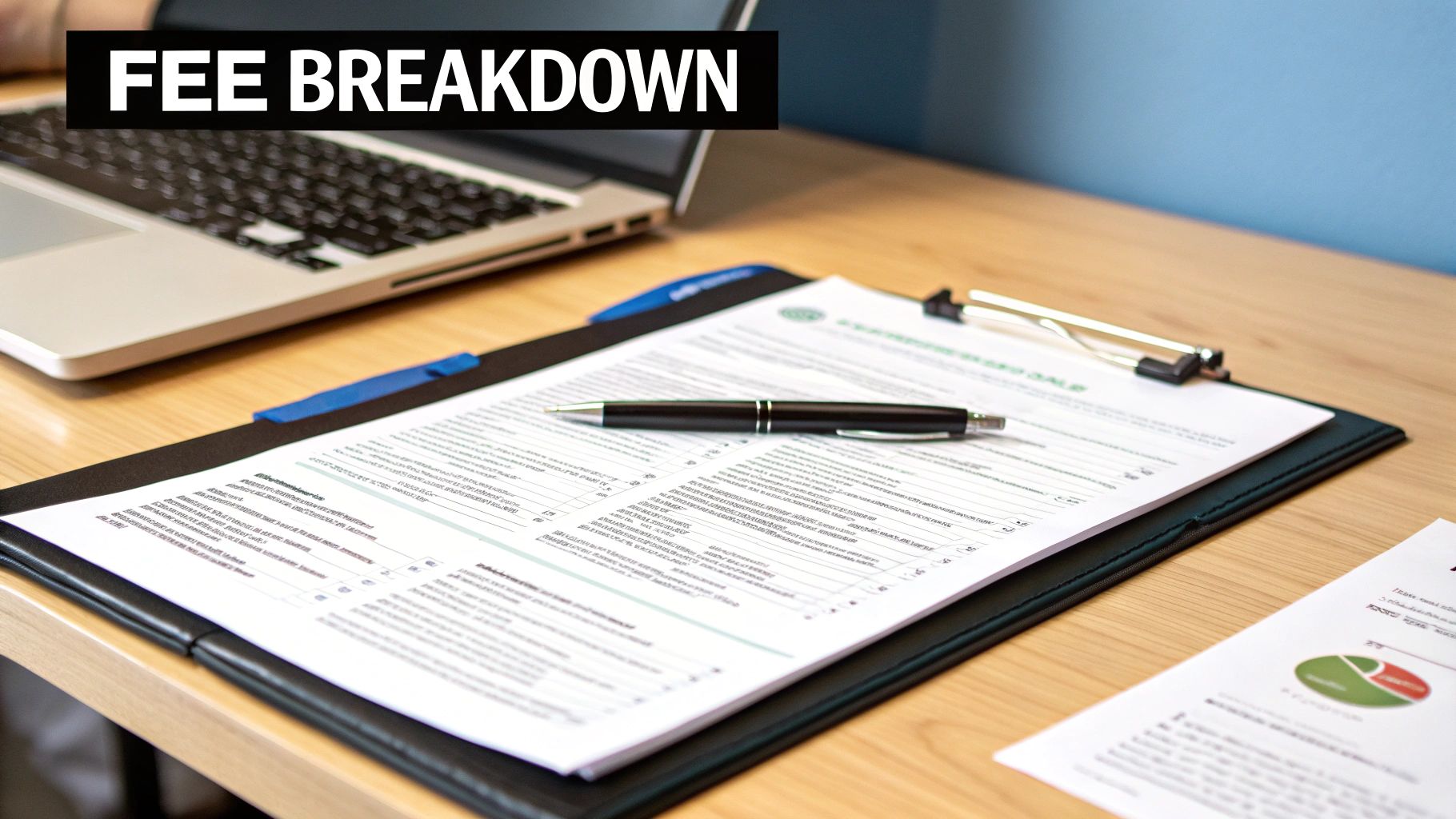A document titled 'FEE BREAKDOWN' on a clipboard with a pen, next to a laptop.