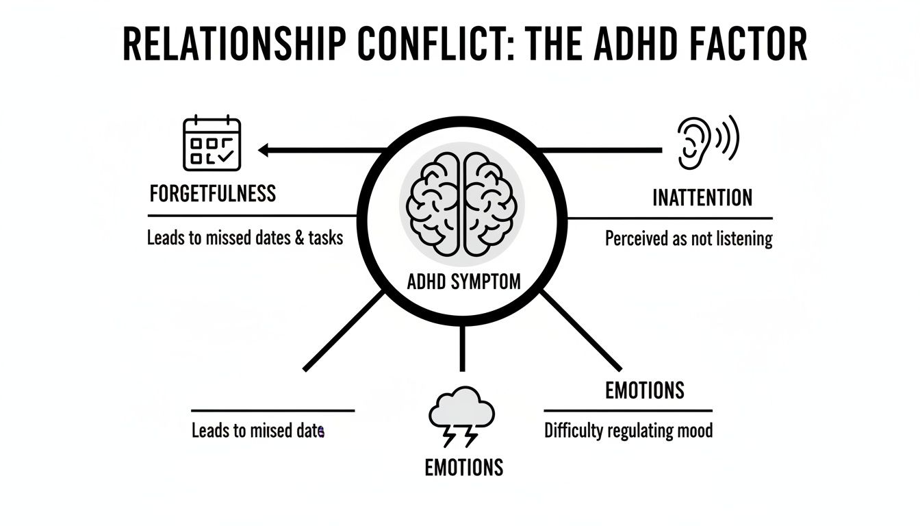 Diagram illustrates how ADHD symptoms like forgetfulness, inattention, and difficulty regulating emotions contribute to relationship conflict.
