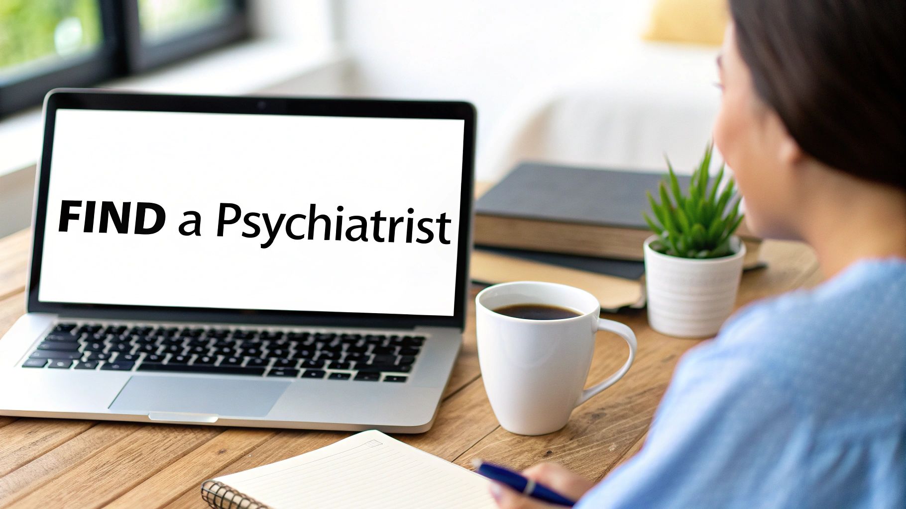 Person searching 'FIND a Psychiatrist' on laptop, with coffee and notebook on a wooden desk.