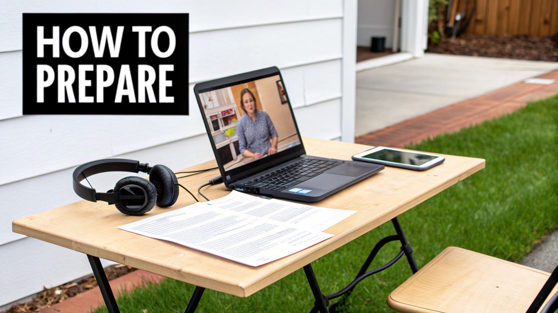 An outdoor study setup with a laptop displaying a video, headphones, papers, and a 'HOW TO PREPARE' sign.