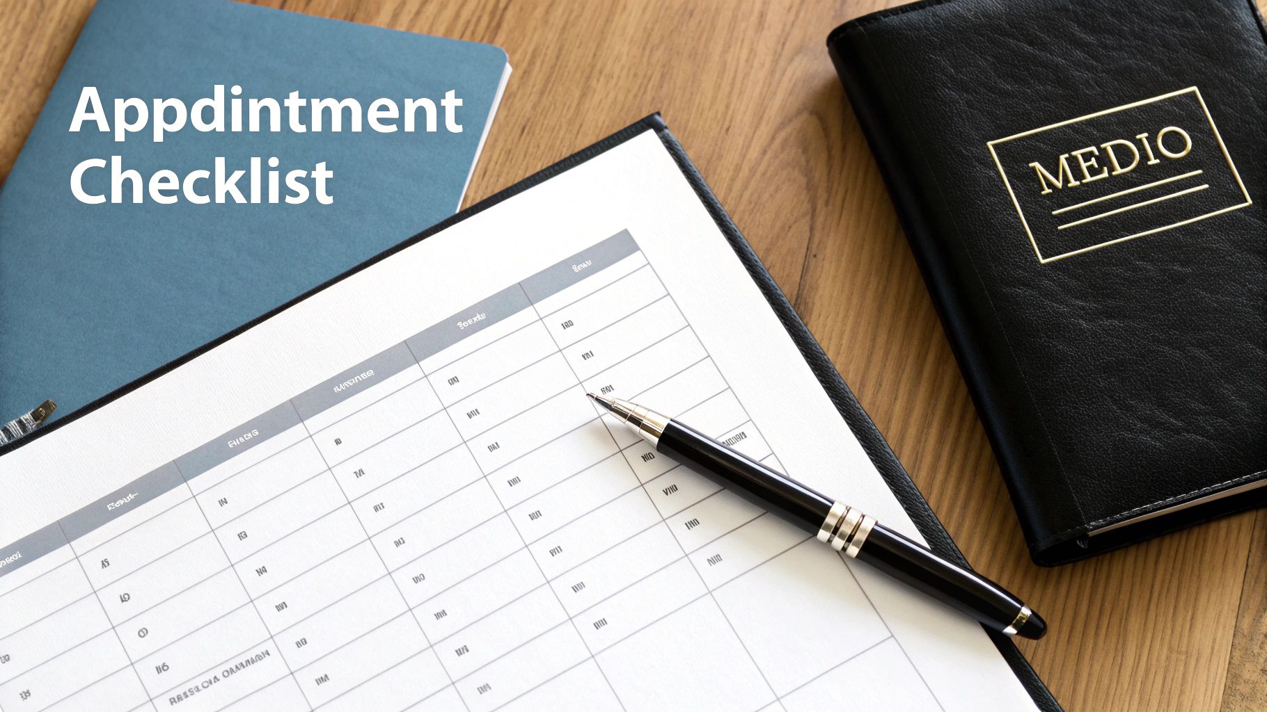 Appointment checklist on a blue notebook, a pen, and a black 'MEDIO' planner on a wooden desk.