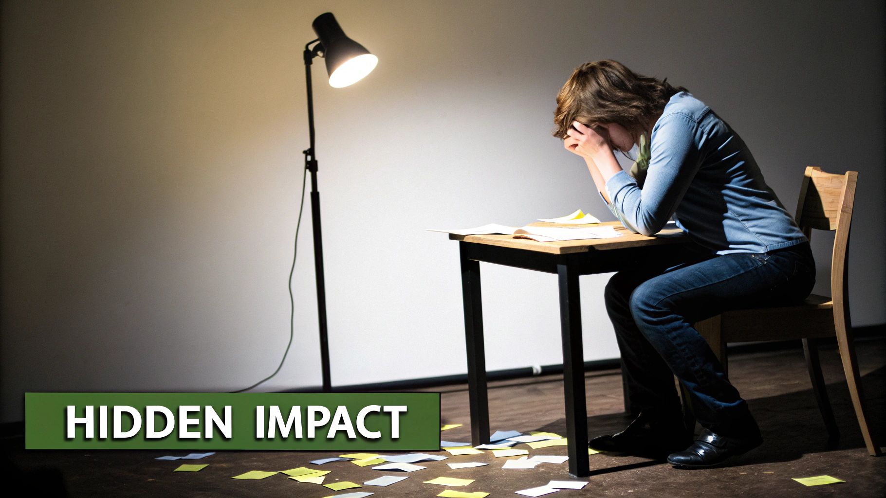 A person sits stressed at a desk, head in hands, surrounded by scattered papers under a lamp.