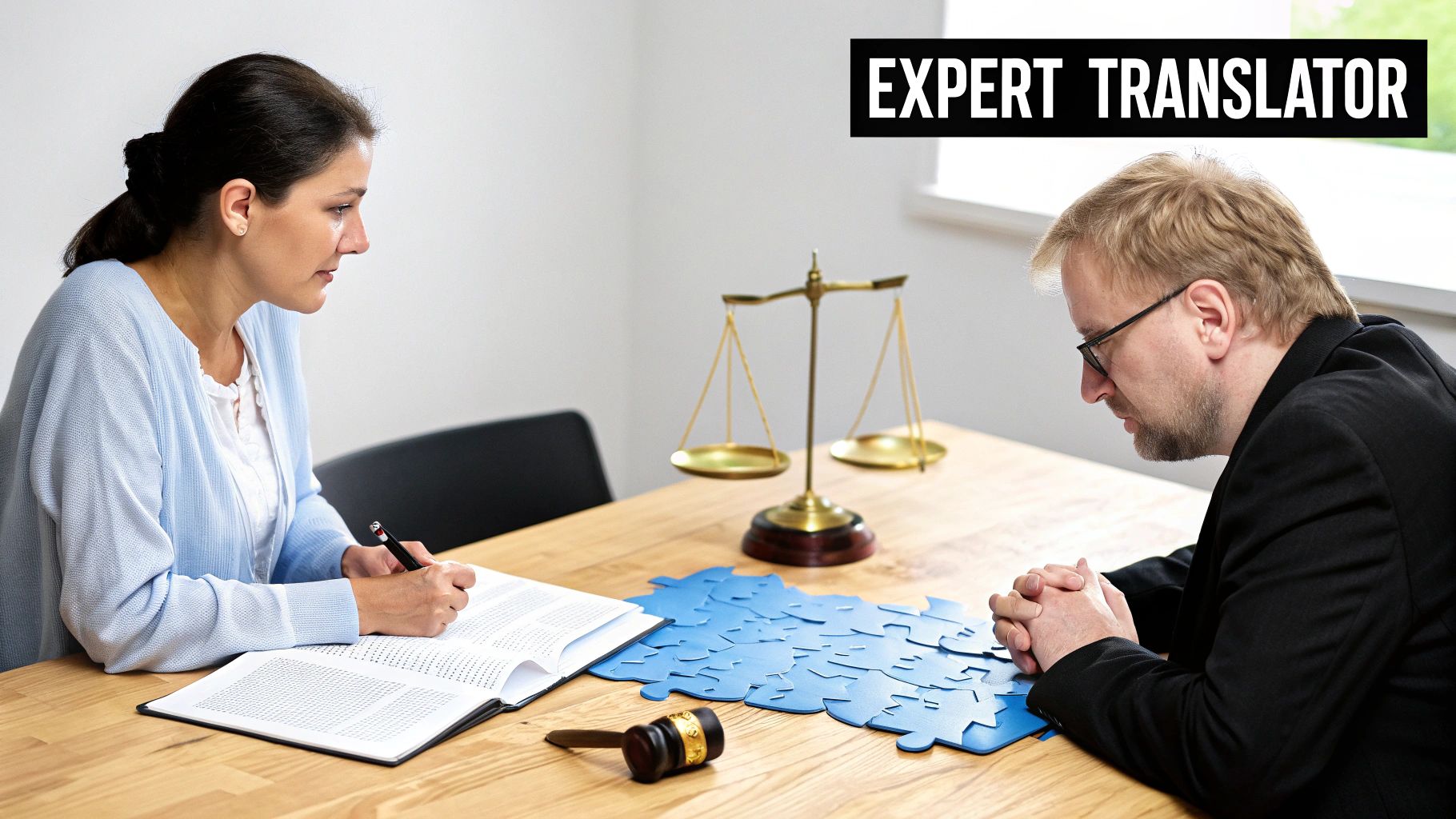 A woman writing in a book and a man, an expert translator, at a table with legal scales and puzzle pieces.