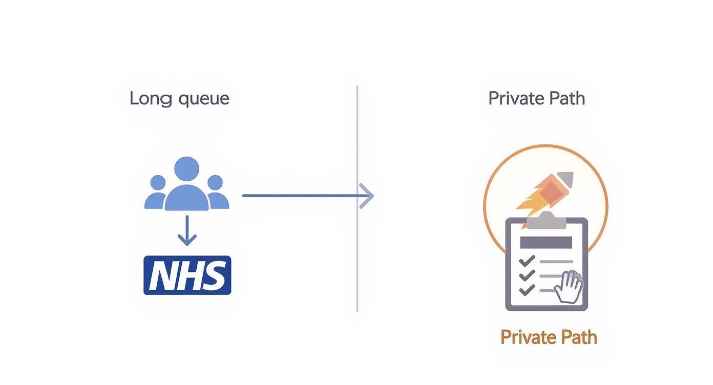 Diagram comparing NHS long queue with fast track private path healthcare options