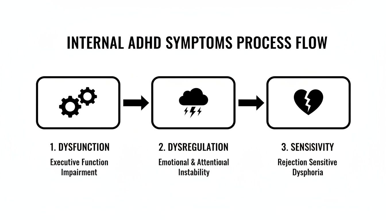 Flow chart illustrating internal ADHD symptoms process: Dysfunction, Dysregulation, and Rejection Sensitive Dysphoria.