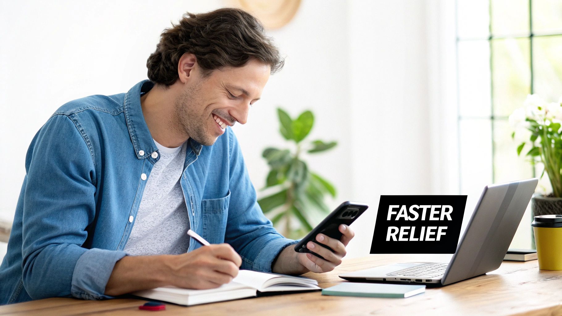 Smiling man using phone and writing in a notebook at a desk with a laptop and 'FASTER RELIEF' message.