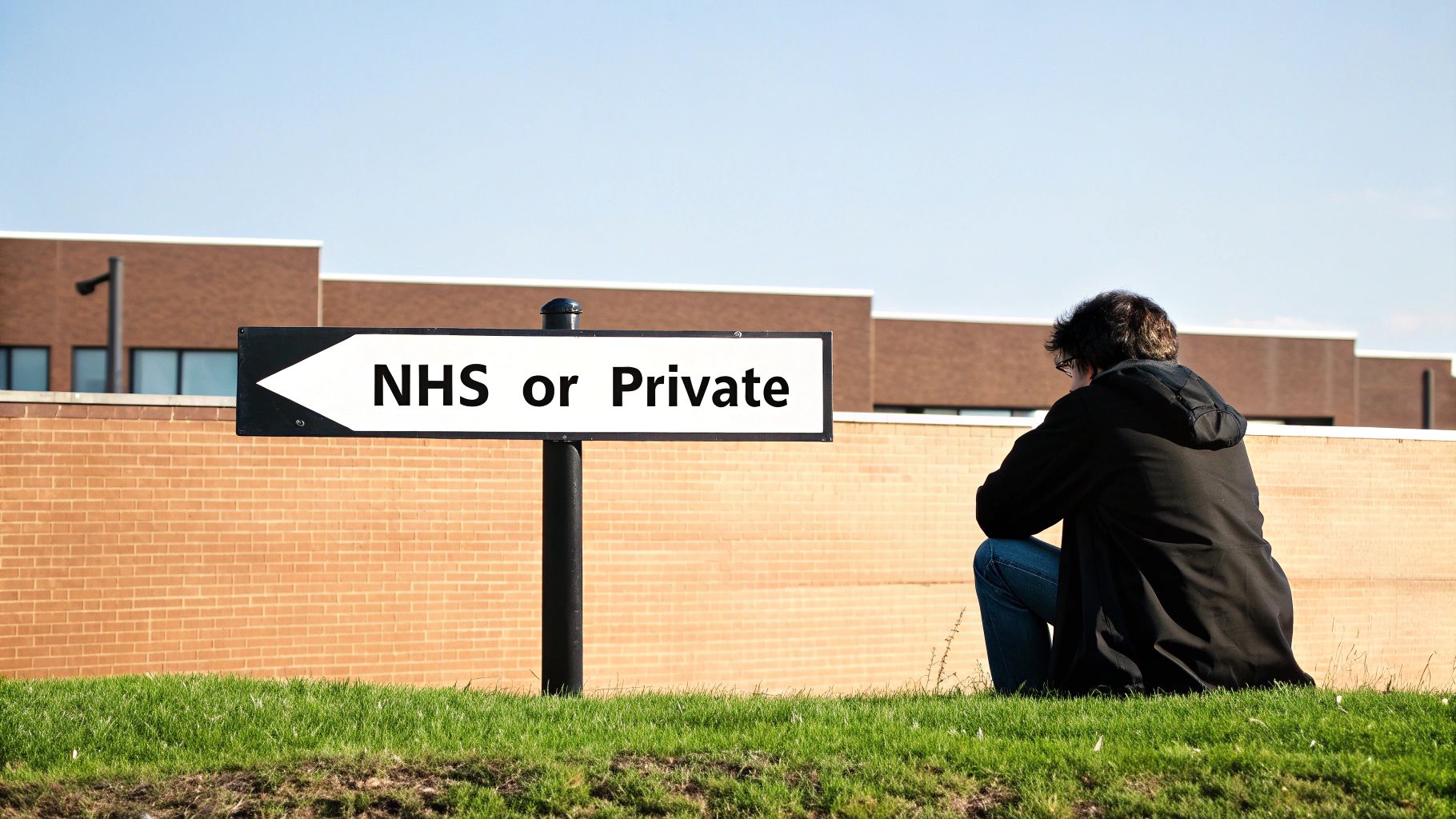 A person sits on grass, facing a sign offering a choice between NHS or Private healthcare.