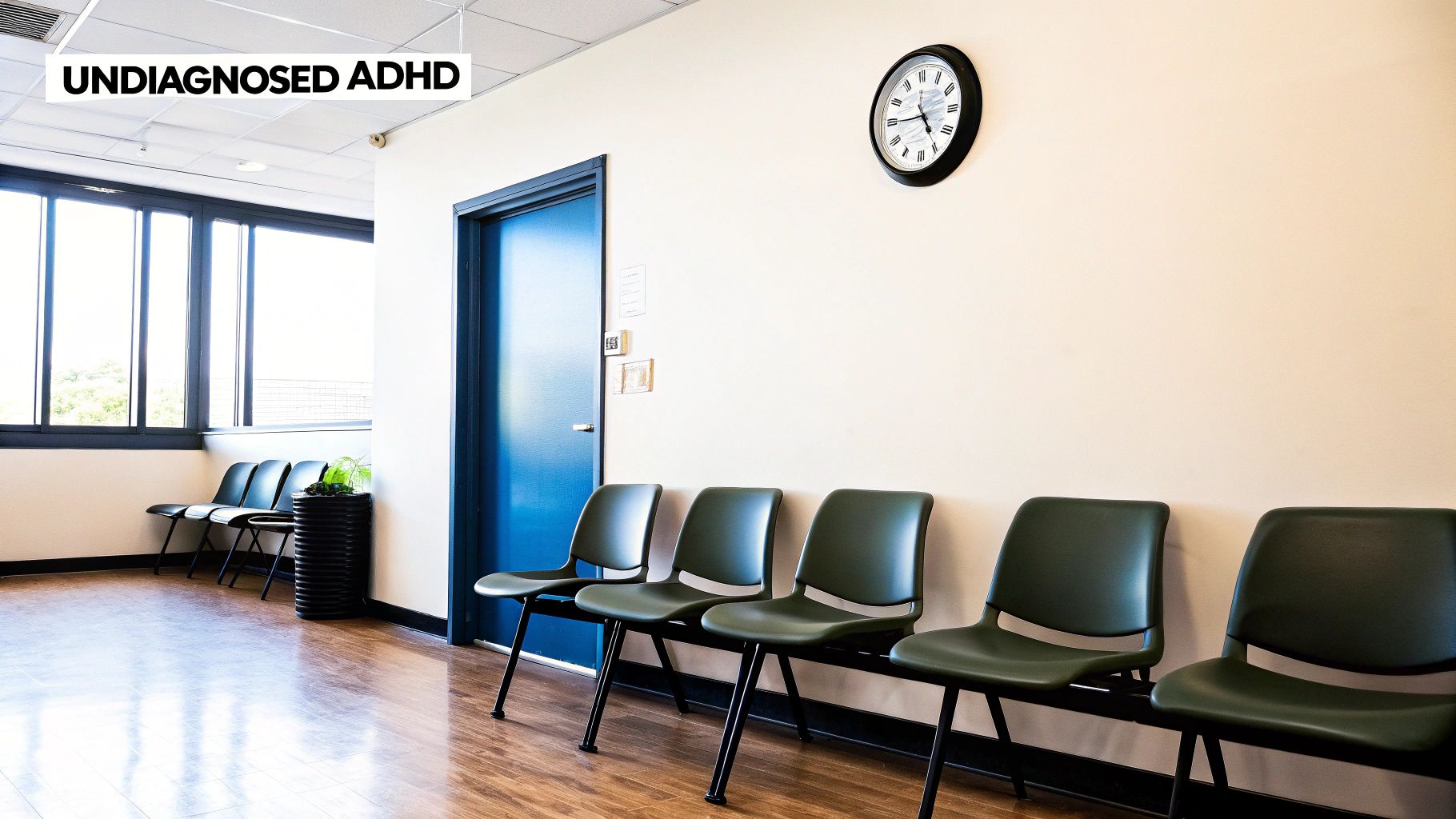 A quiet waiting room with green chairs, a blue door, a clock, and windows, featuring the text 'UNDIAGNOSED ADHD'.