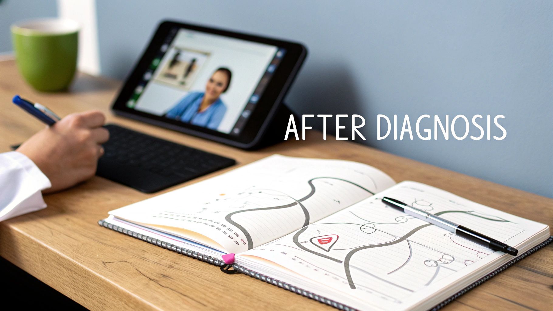 A person takes notes during an online video consultation on a tablet, with an open notebook on a wooden desk.