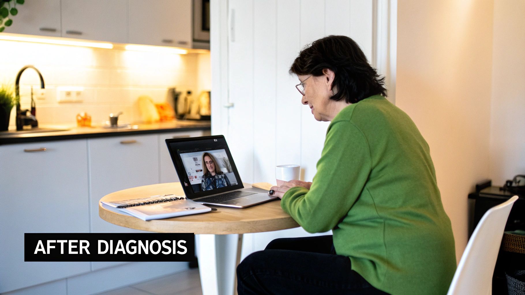 An older woman in a green sweater is having a video call on her laptop, sitting at a table.