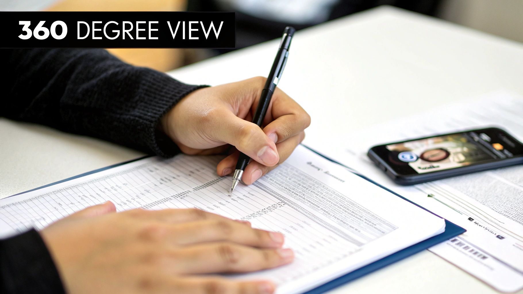 Close-up of hands writing on a document with a pen, with a smartphone on the side.