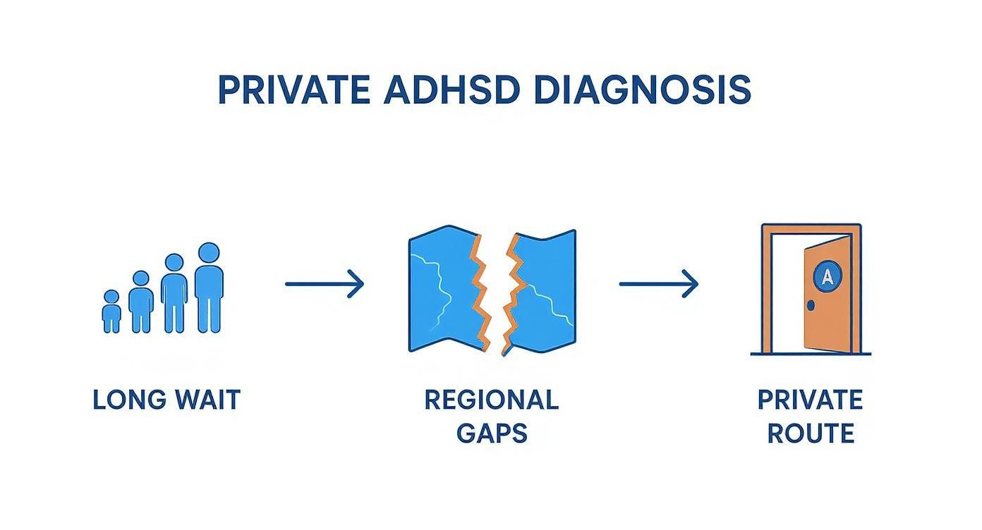 Infographic showing the process flow of why people choose a private ADHD diagnosis, starting with long waits, then regional gaps, leading to the private route.