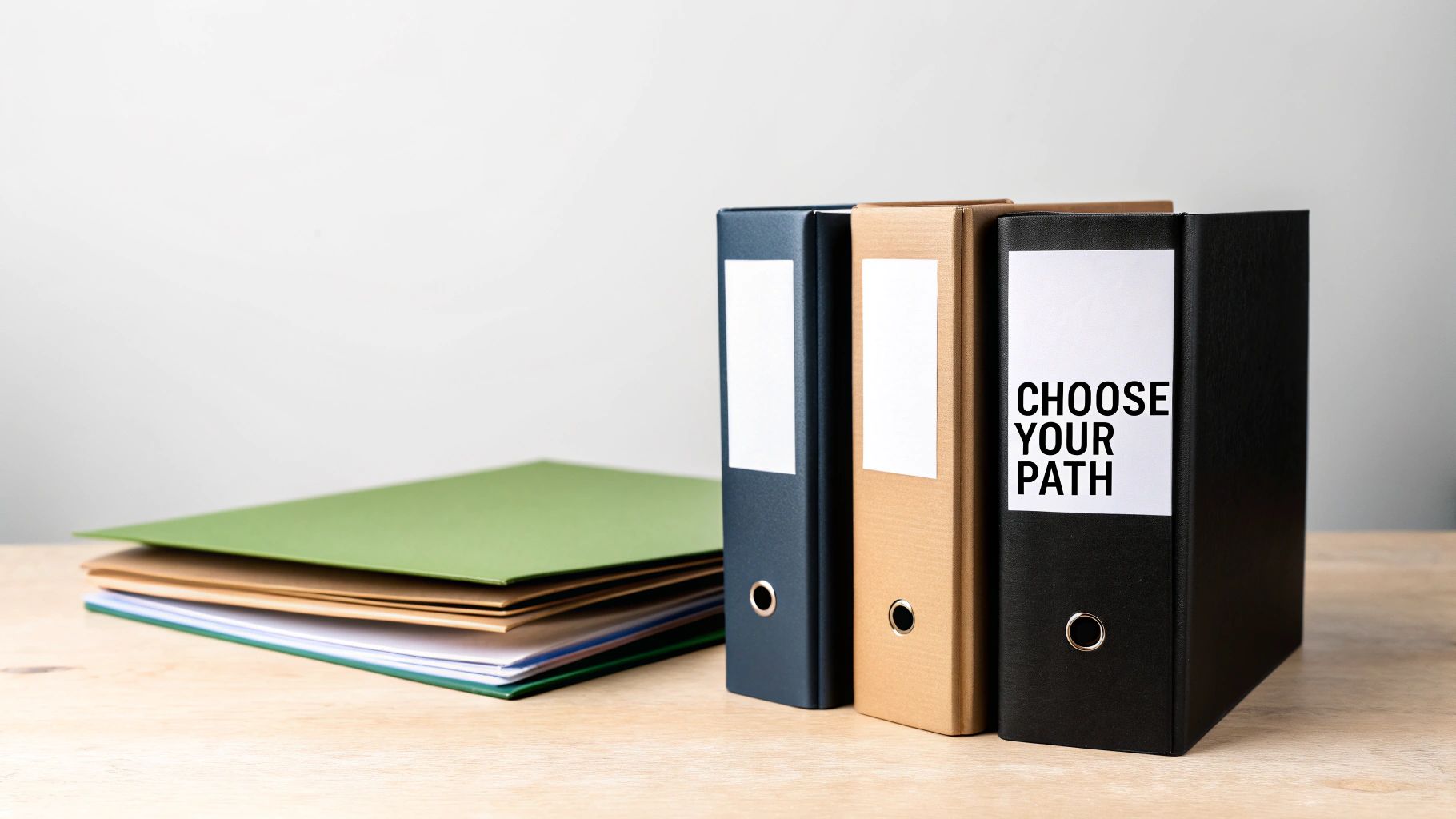 Three office binders and a stack of folders on a wooden desk, one binder says 'CHOOSE YOUR PATH'.