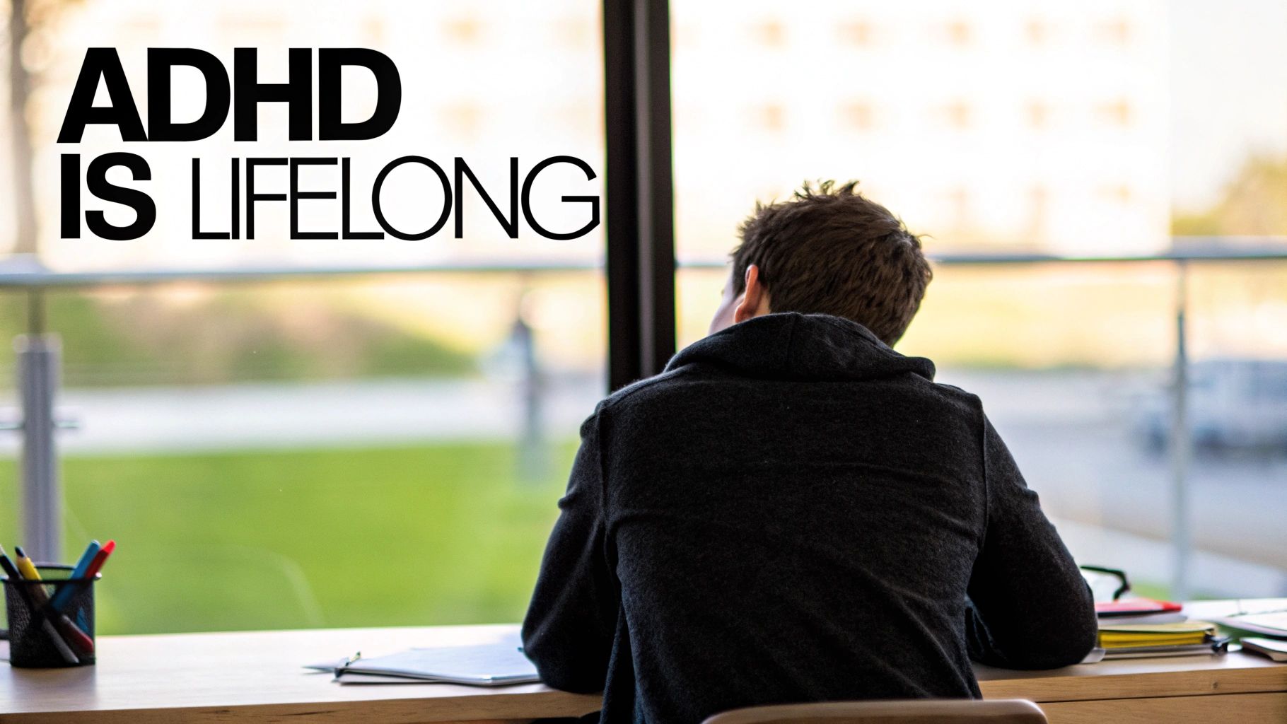 A person's head filled with colourful, abstract shapes and lines, representing a creative and busy mind.