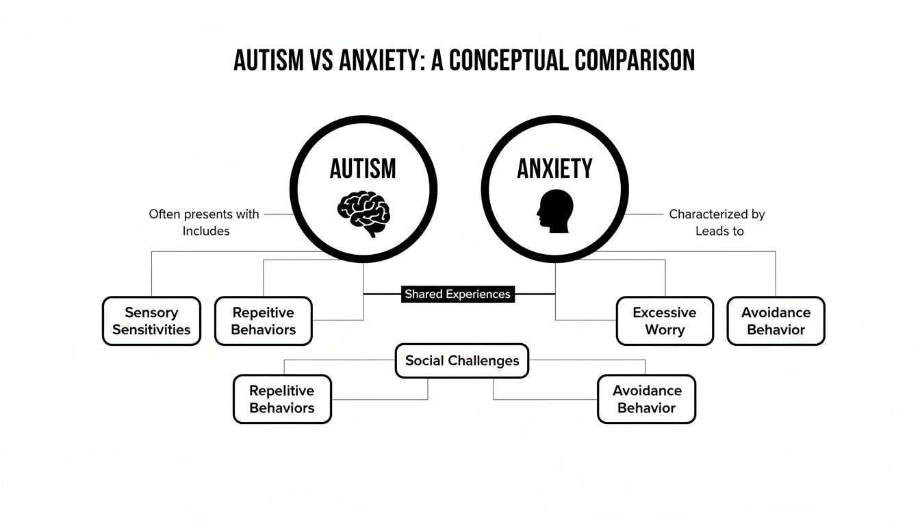 A conceptual comparison diagram outlining the distinct and shared characteristics of autism and anxiety.