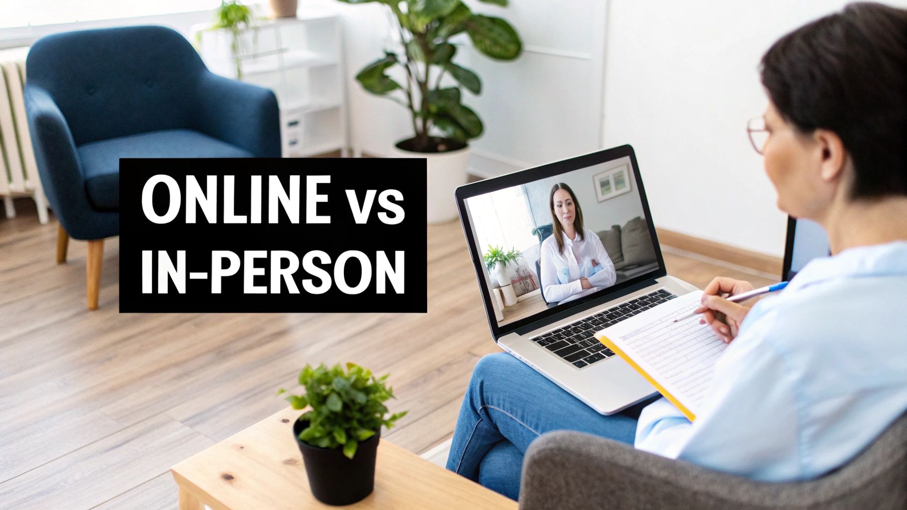A person takes notes during an online consultation on a laptop, with text 'ONLINE vs IN-PERSON'.