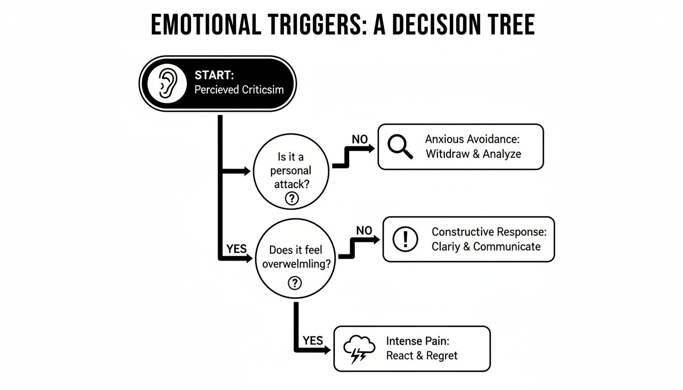 A decision tree flowchart showing responses to emotional triggers, starting with perceived criticism.