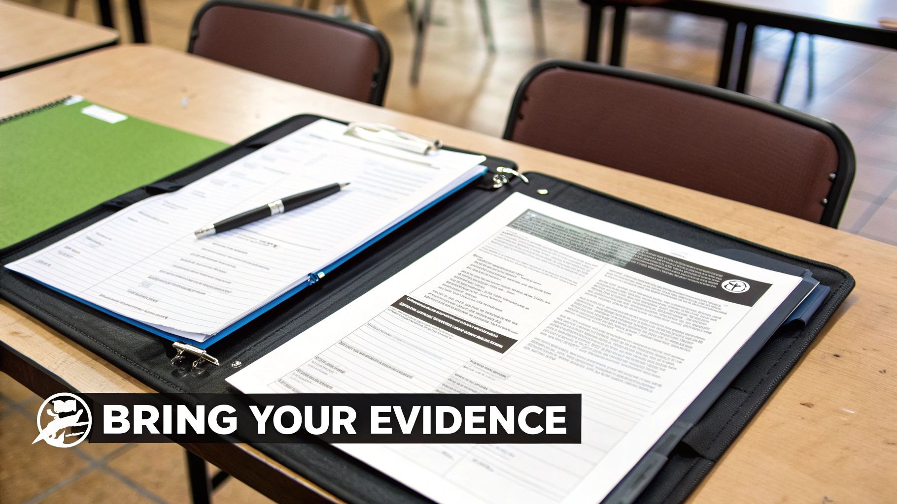 A black portfolio open on a wooden desk with papers, a pen, and a green notebook, in a classroom.