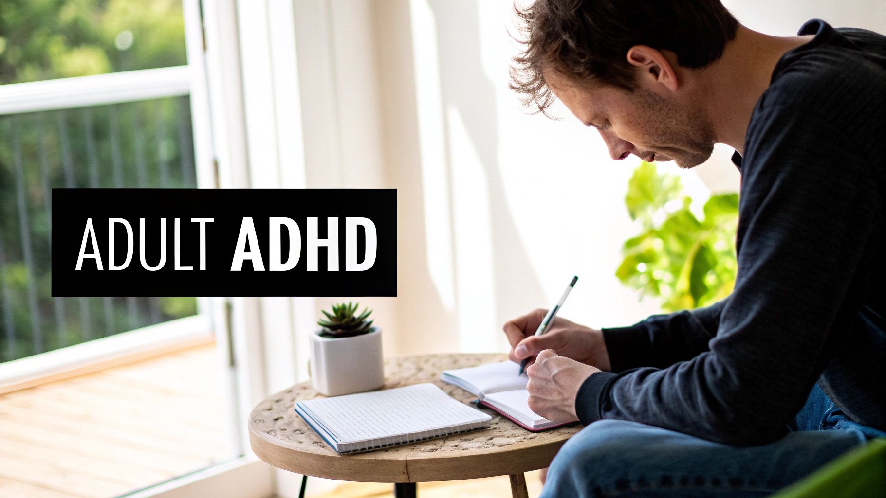 A focused man writes in a notebook at a table, with a prominent 'ADULT ADHD' text overlay.