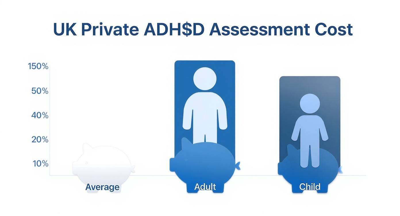 Infographic showing the average private ADHD assessment cost in the UK for adults and children