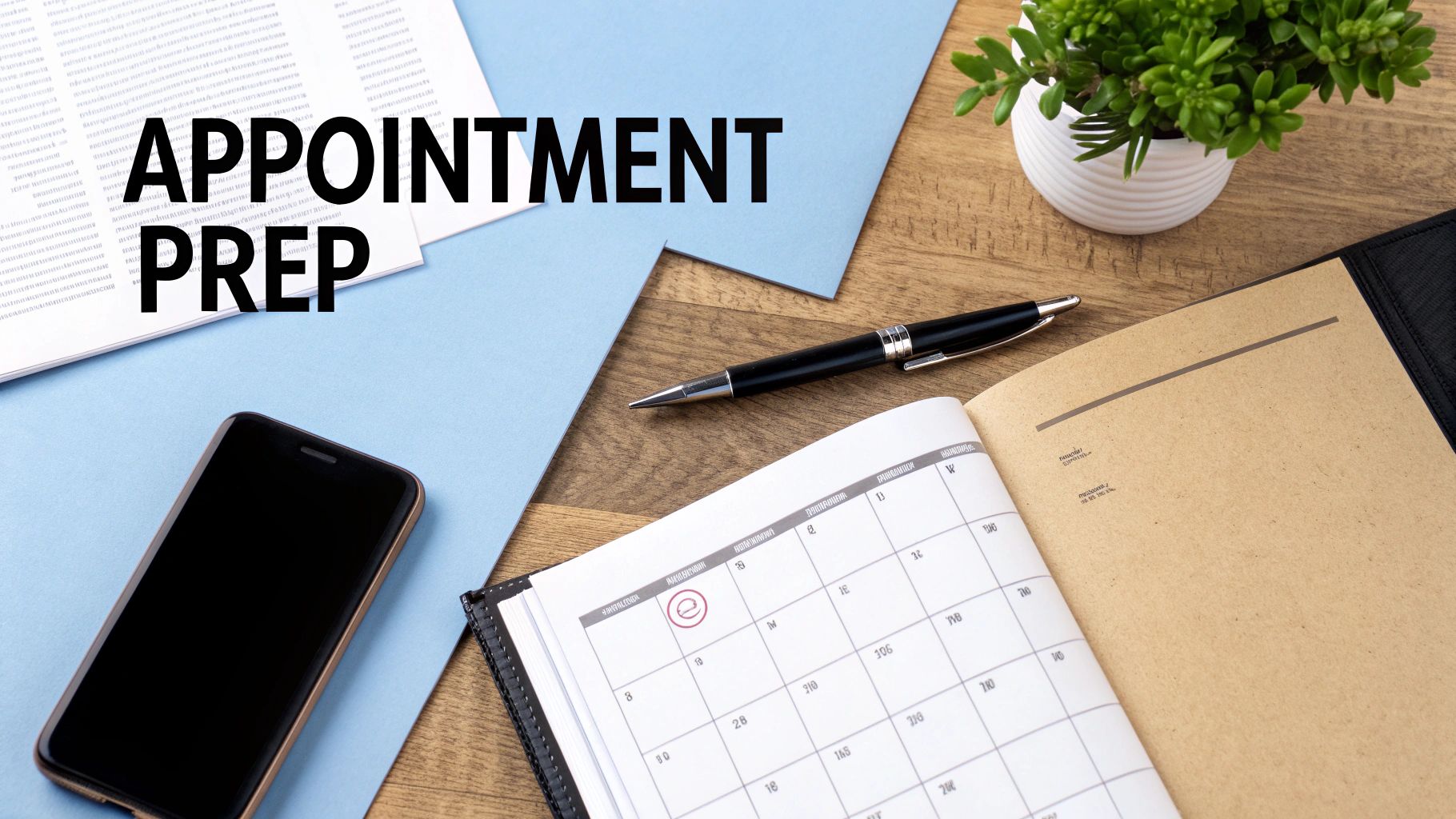 Overhead view of a desk with 'APPOINTMENT PREP' text, a planner, phone, pen, and papers.