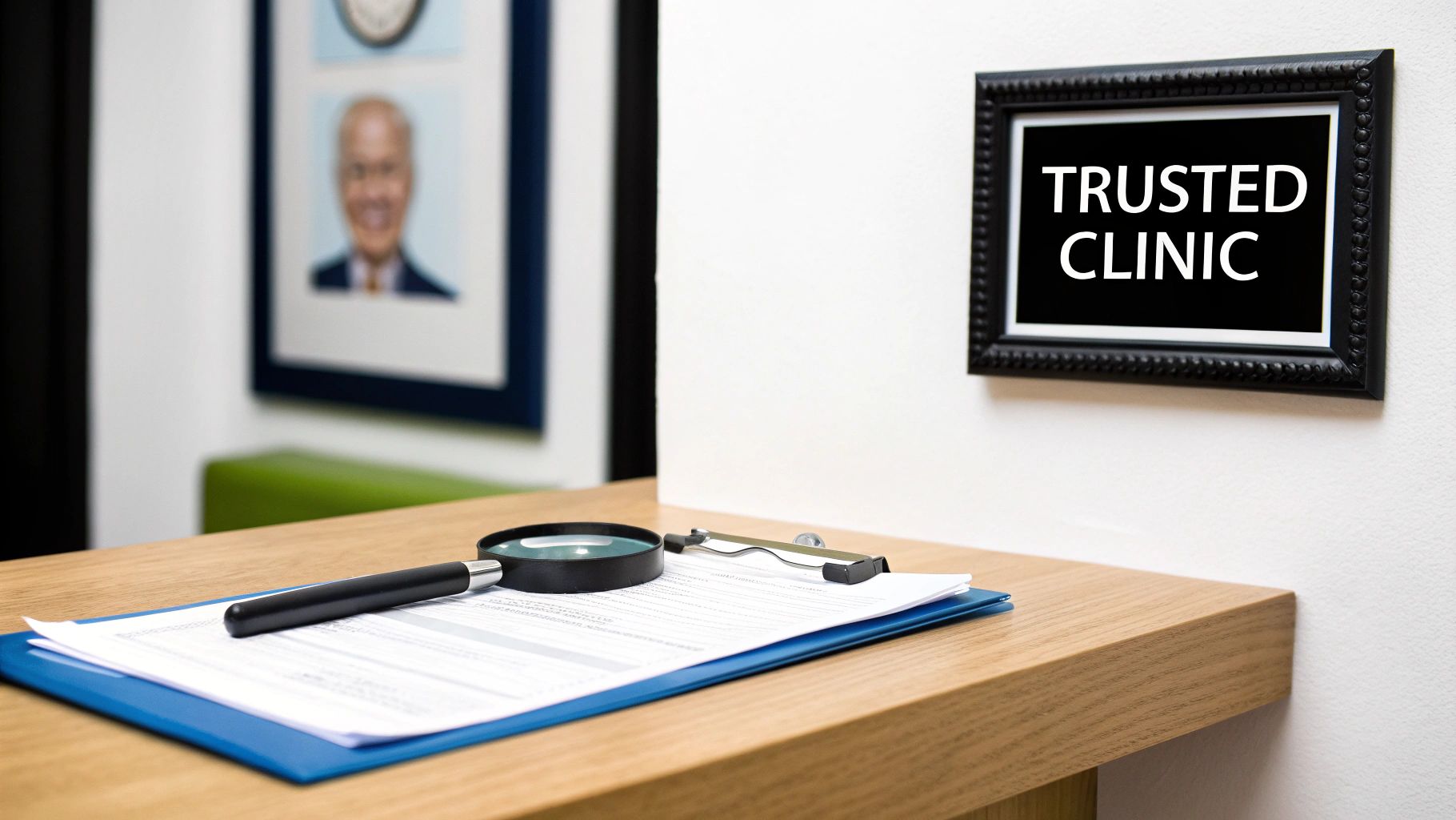 A magnifying glass hovering over a clipboard with a checklist, symbolising the process of vetting an autism diagnosis provider.