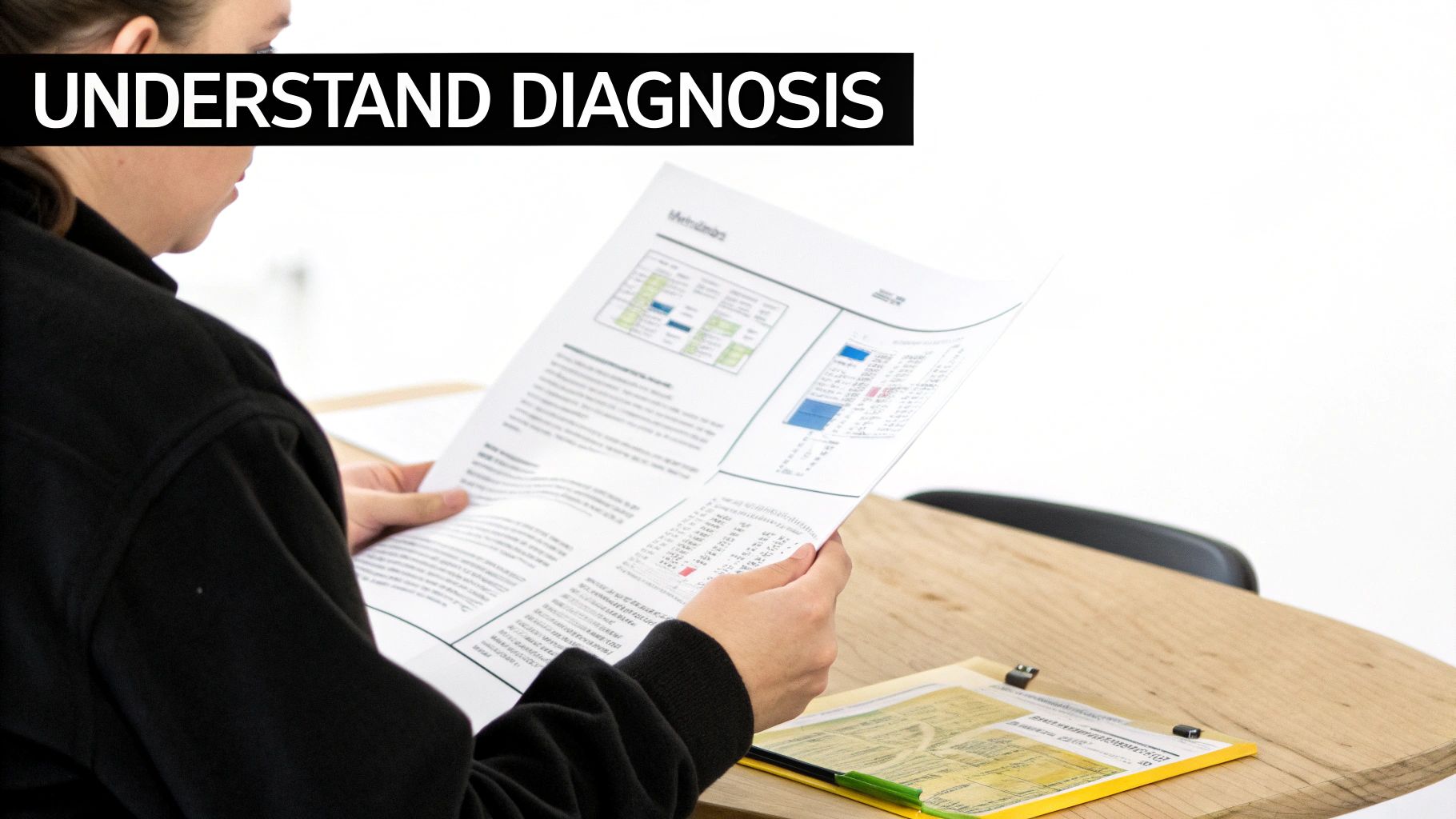 Close-up of a person reading a document titled 'Understand Diagnosis' with charts and text.