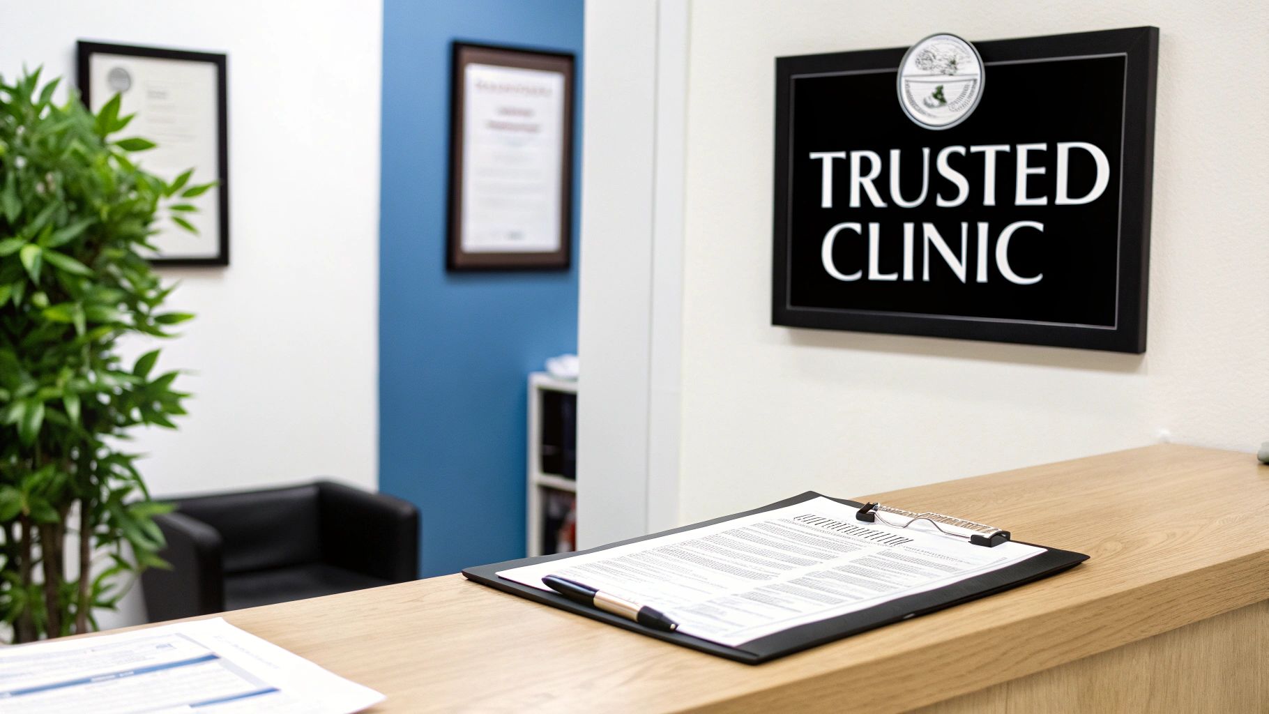 Reception desk with a clipboard and pen in a modern clinic waiting area.