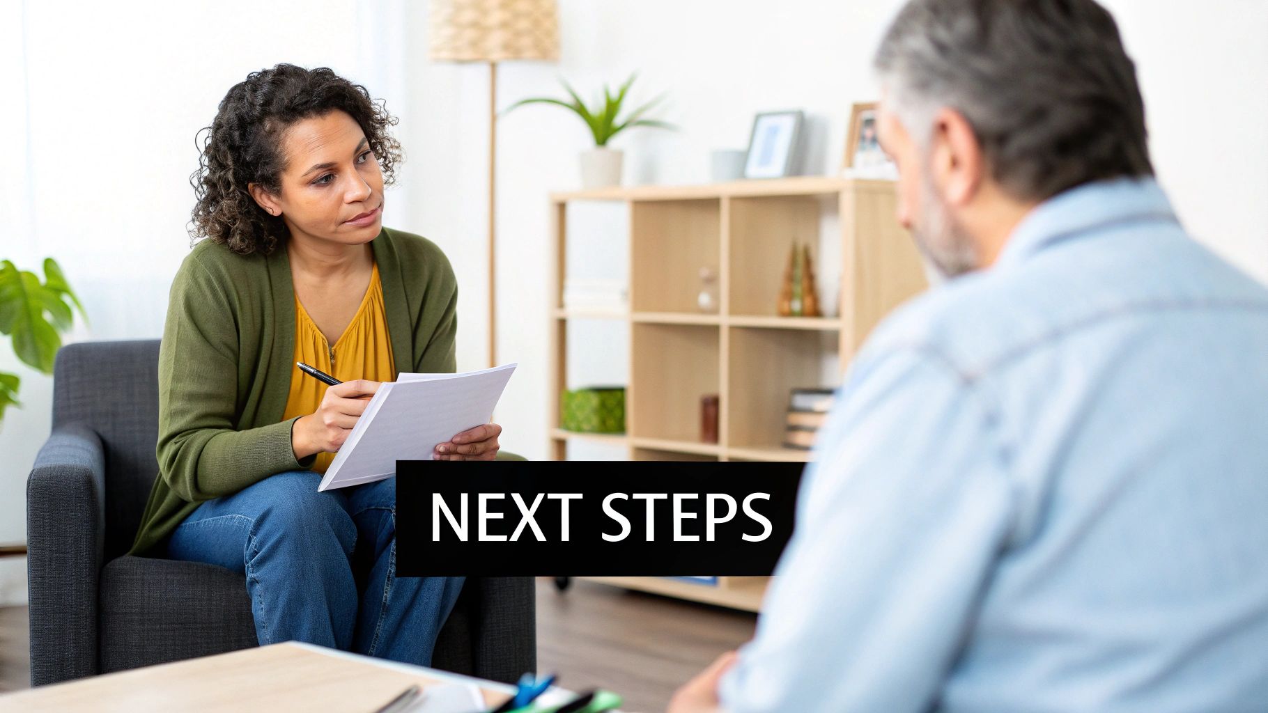 A female therapist takes notes while listening to her male client during a counseling session.
