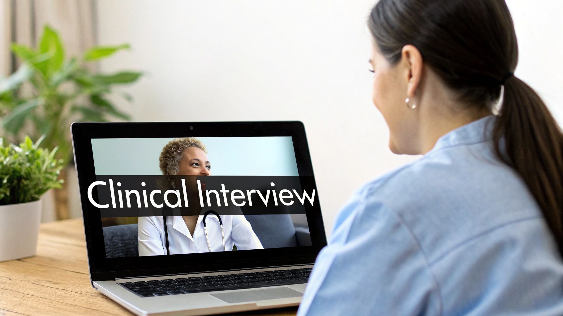 Woman on a video call conducting a clinical interview with a doctor on her laptop, possibly for an ADHD assessment.