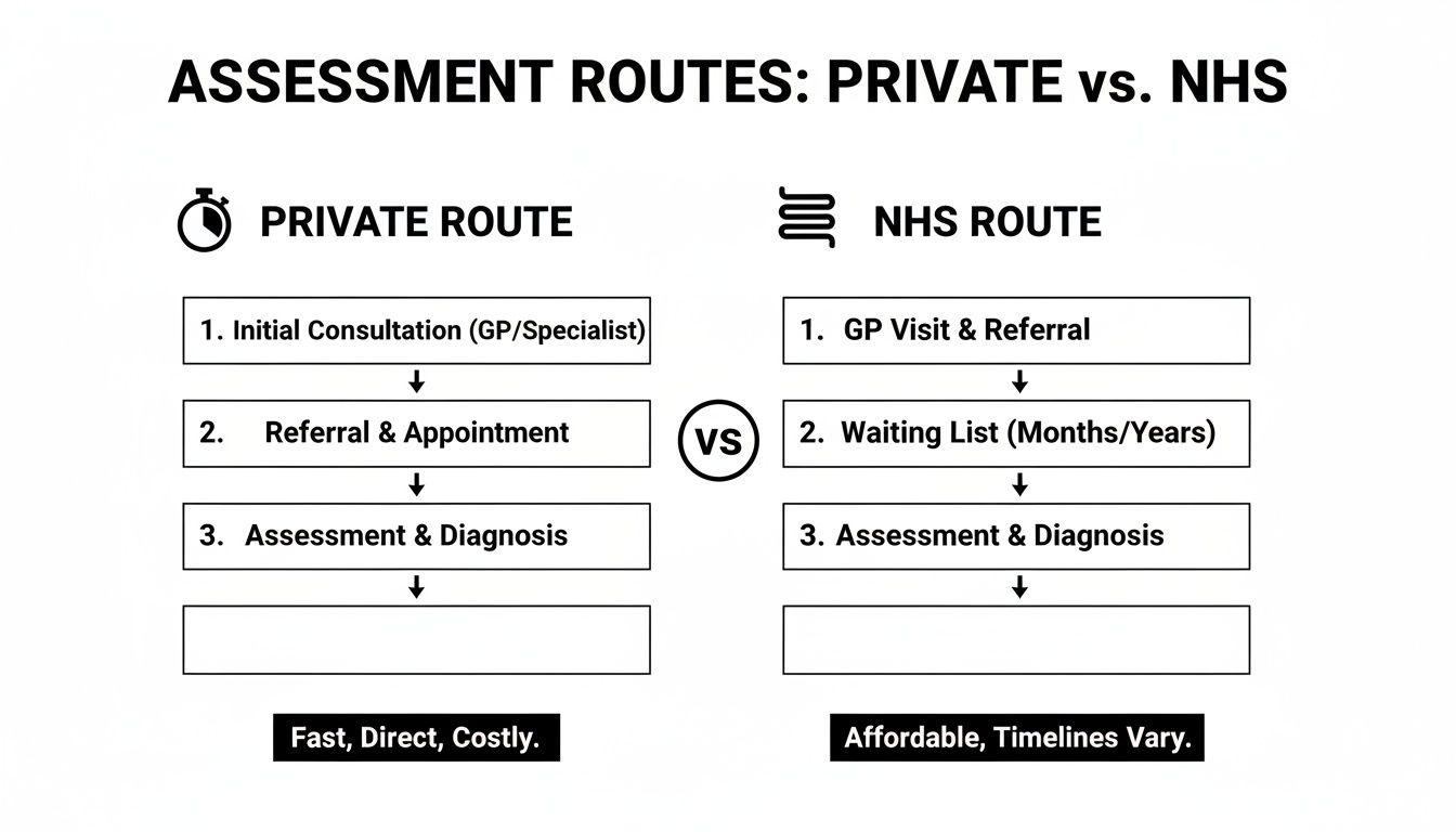 Flowchart comparing private versus NHS assessment routes, showing steps, speed, cost, and waiting times.