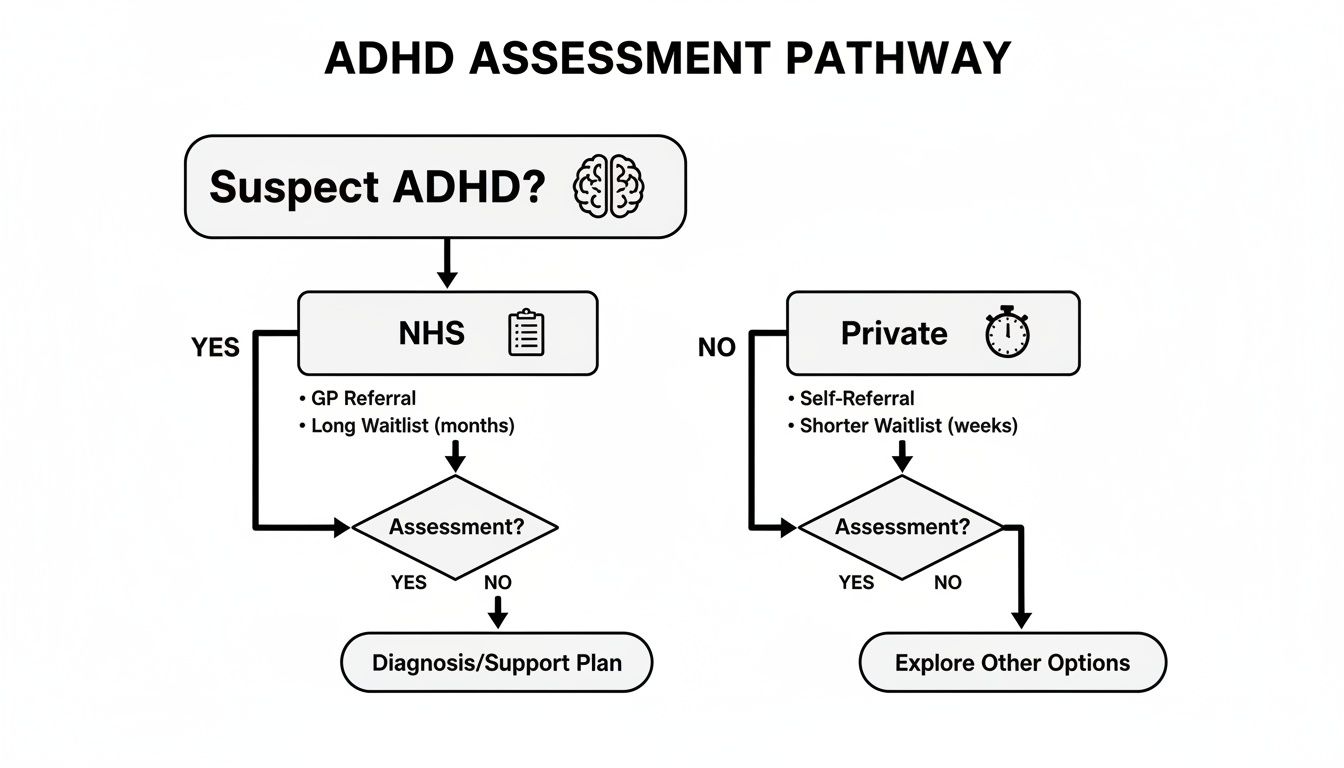Flowchart detailing ADHD assessment pathways, comparing NHS (GP referral, long waitlist) and private (self-referral, shorter waitlist) options.