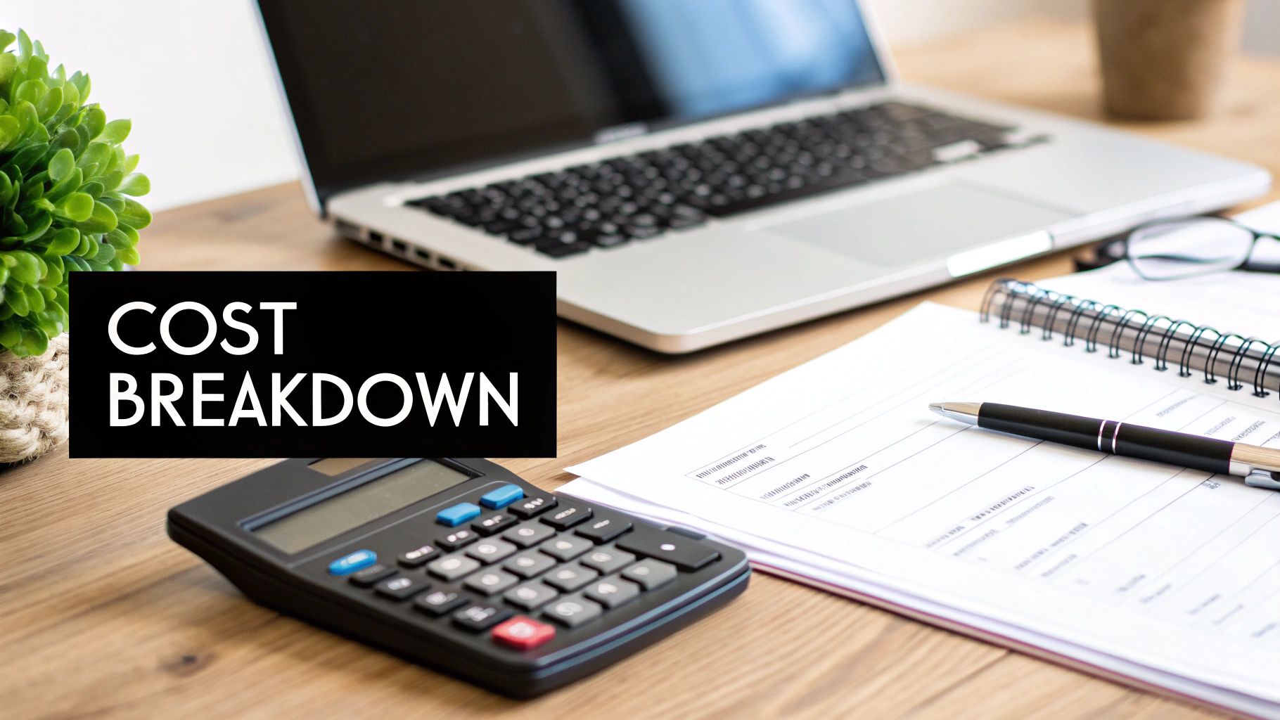 Cost breakdown document with calculator, laptop, and pen on wooden desk workspace
