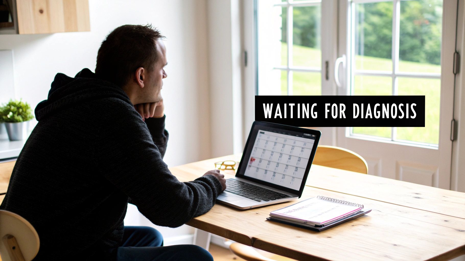 A man sits at a wooden table, looking out of a window next to a laptop displaying a calendar.