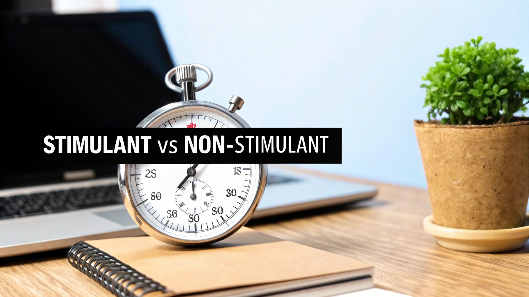 A stopwatch, laptop, and plant on a desk with a 'STIMULANT vs NON-STIMULANT' banner.