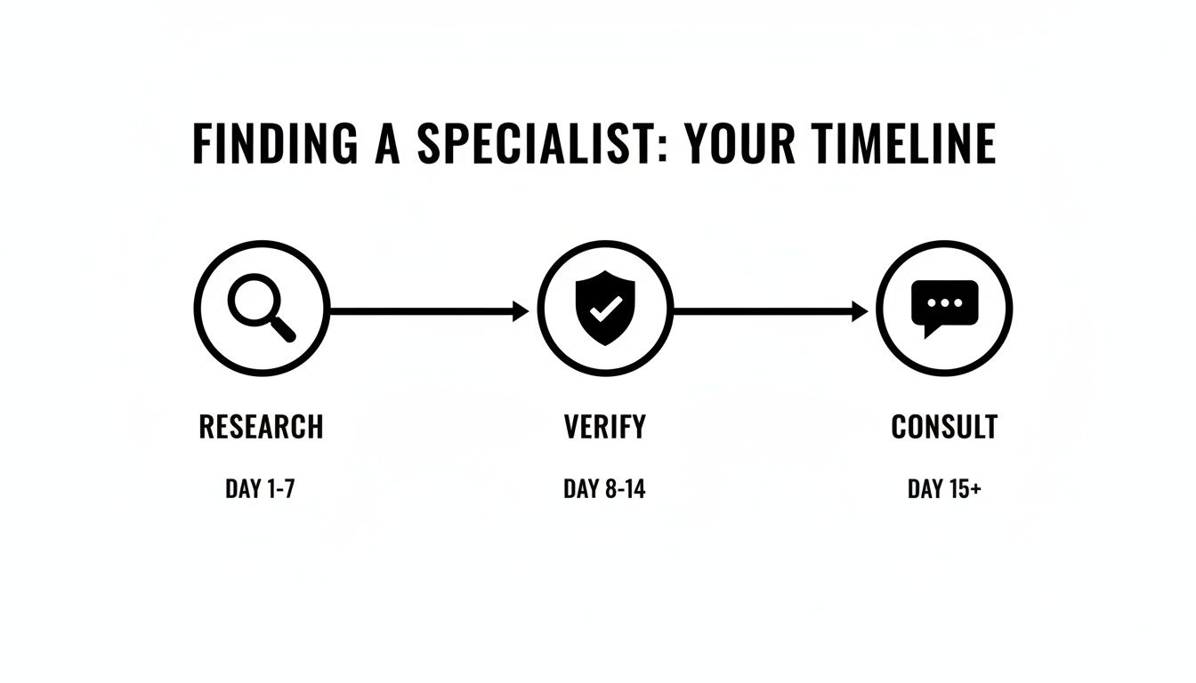 Timeline infographic for finding a specialist: research (days 1-7), verify (days 8-14), and consult (day 15+).