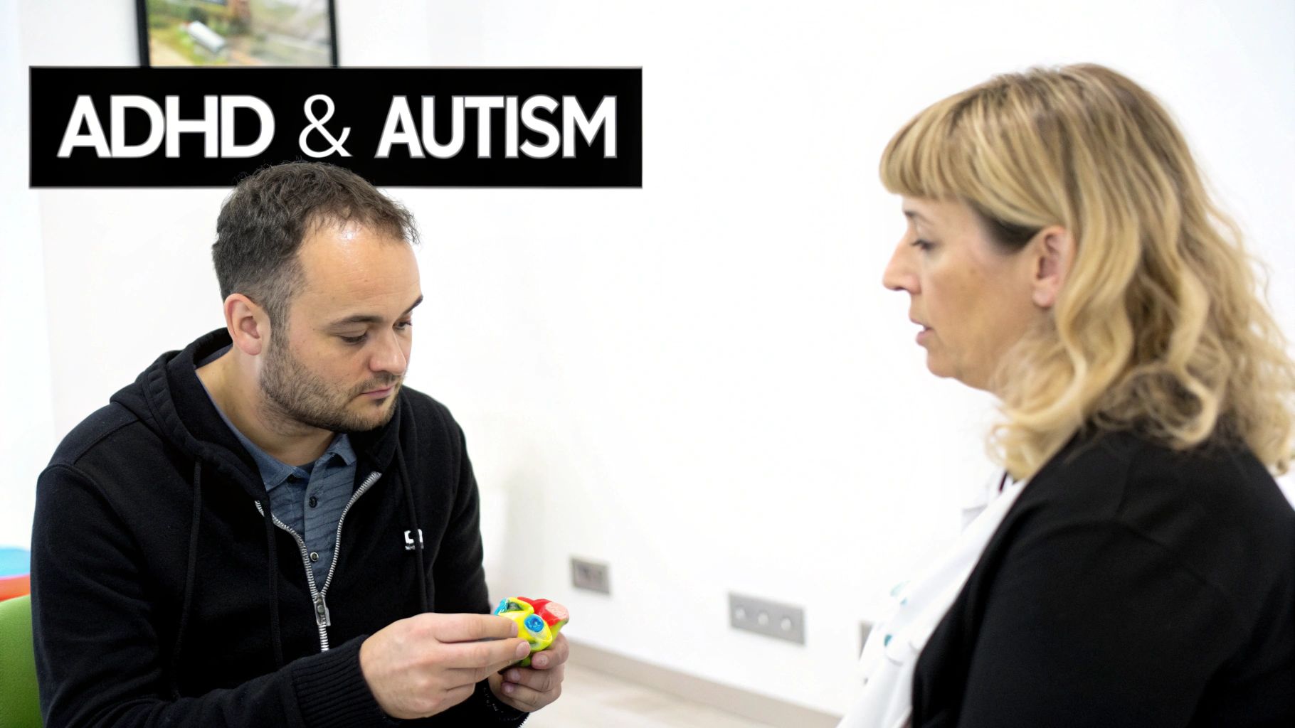 A man holding a colorful fidget toy looks down while a woman listens, with 'ADHD & AUTISM' text above.