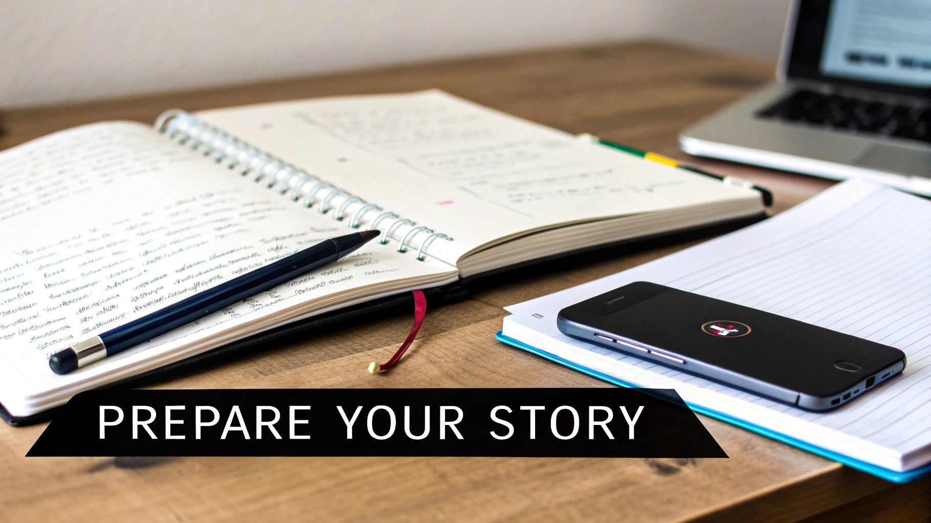 An open notebook with handwritten notes, a pen, a smartphone, and a laptop on a wooden desk.