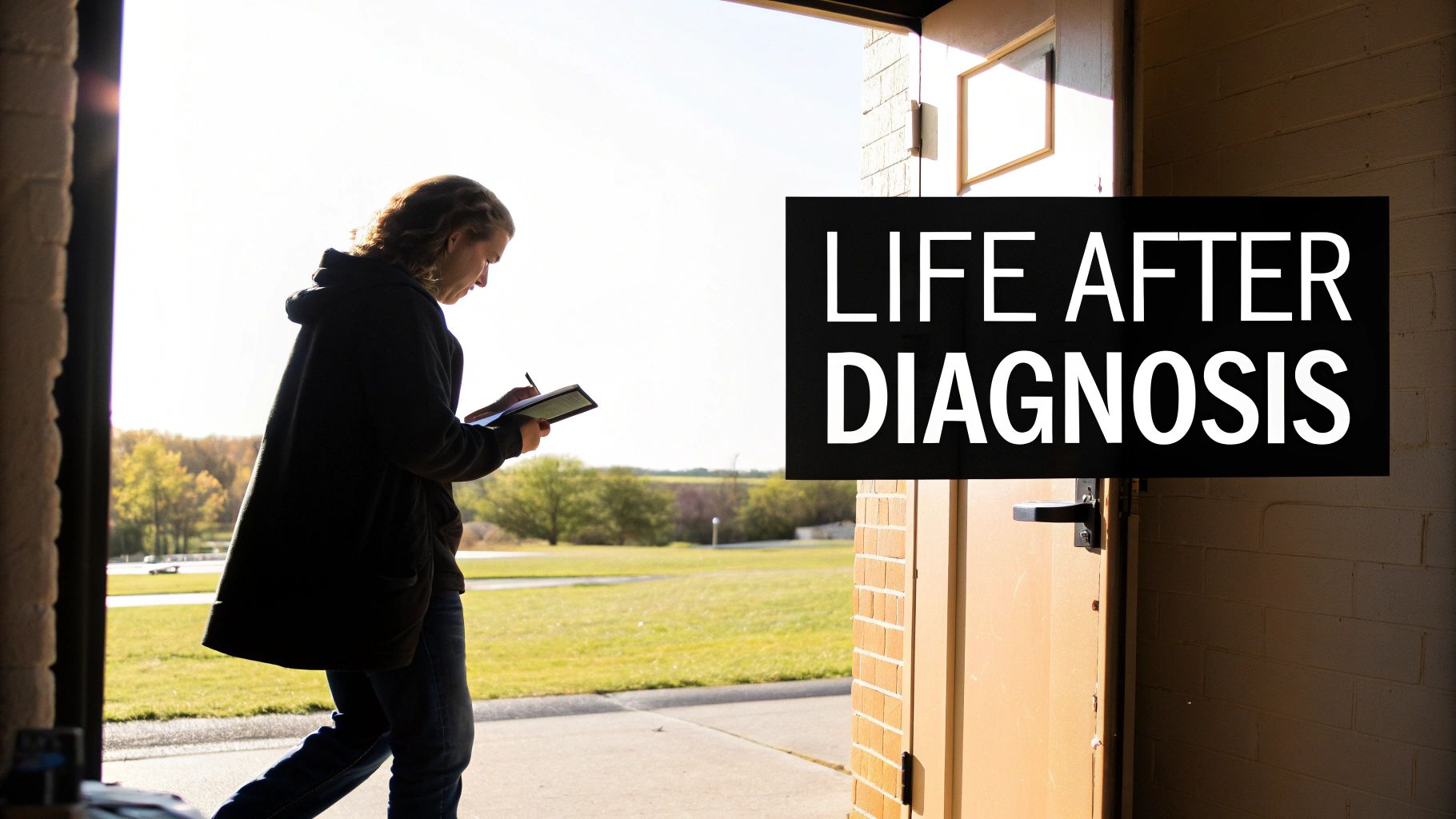 A person walks outdoors, writing on a tablet, with "LIFE AFTER DIAGNOSIS" text overlay.