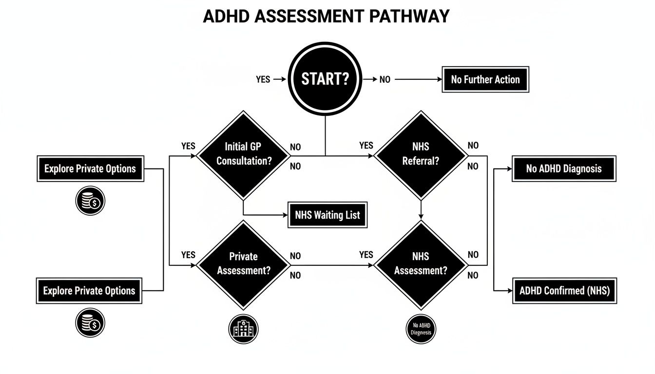 A flowchart detailing the ADHD assessment pathway, including options for NHS and private routes.